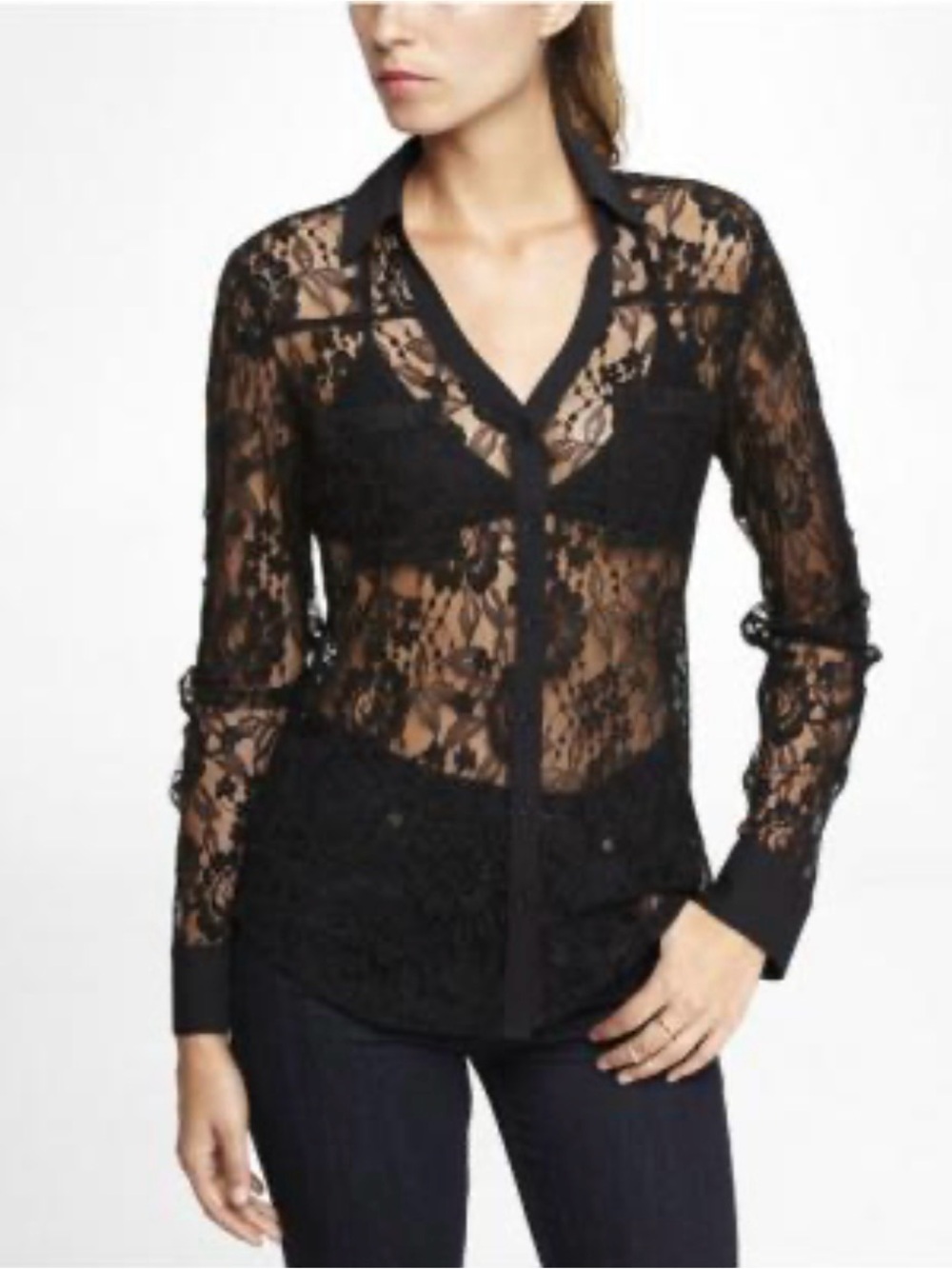 Express Black Sheer Lace Button-Down Blouse